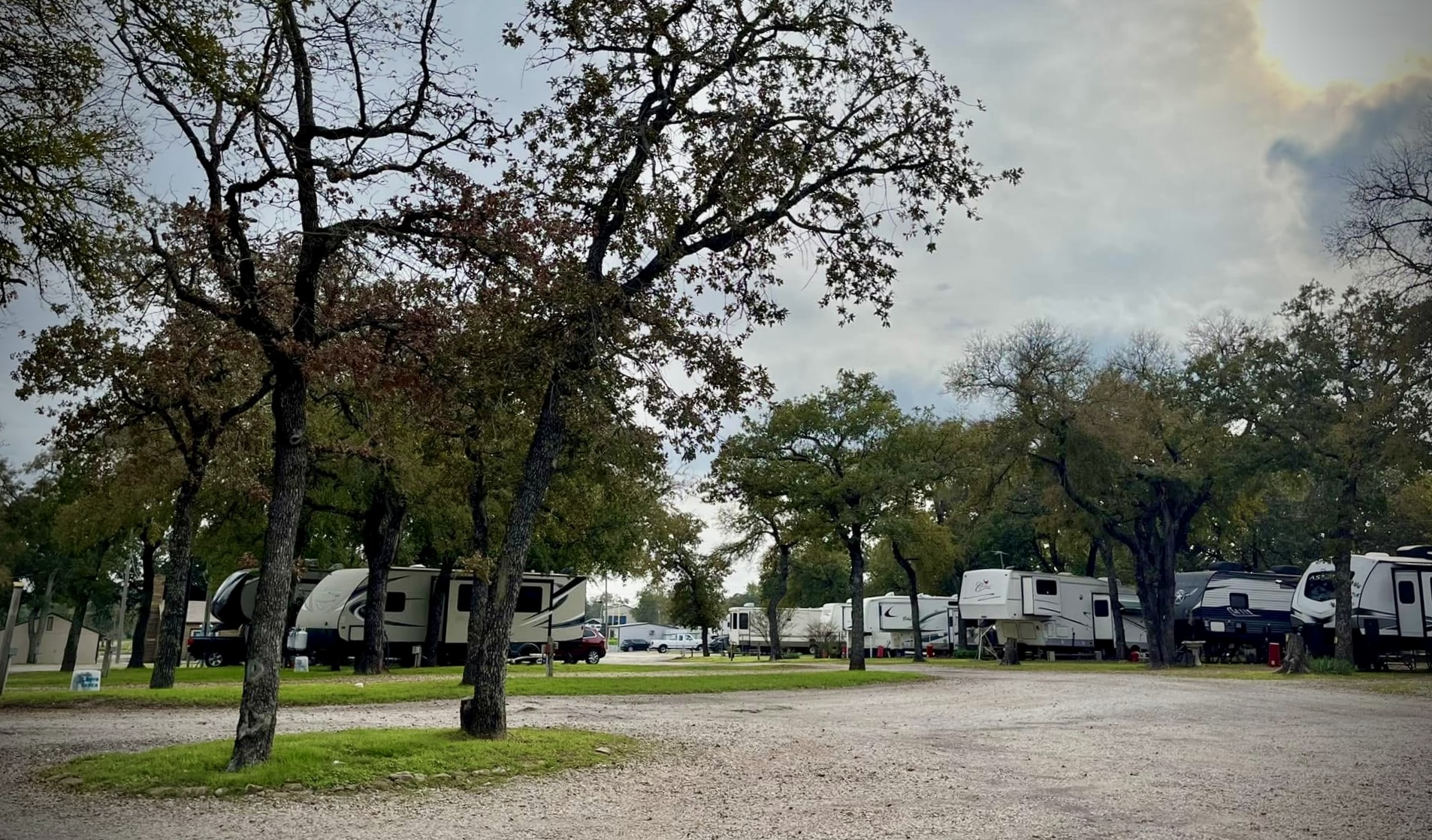 Shaded RV sites beneath tall oak trees at Lake Worth RV Ranch